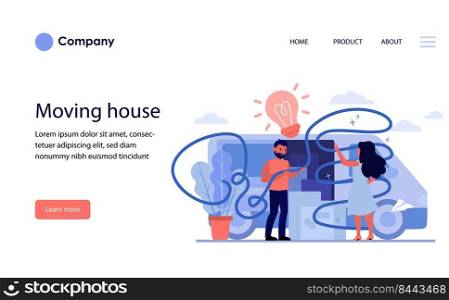 Couple moving house. People loading cardboard boxes to van, holding tangled rope flat vector illustration. Moving, communication problem concept for banner, website design or landing web page