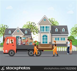 Couple moving into new house, employee moving furniture with service trucks, moving home and real estate conceptual Vector illustration.
