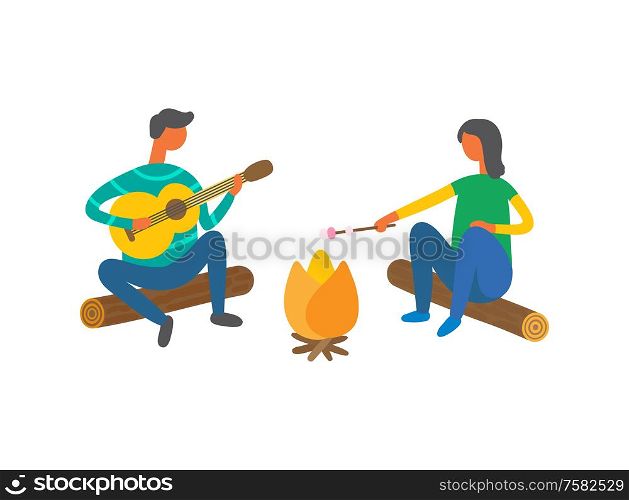 Couple near bonfire singing songs and cooking marshmallows vector isolated people. Cartoon man with guitar and woman on log resting outdoors, summer picnic. Couple near Bonfire Singing Songs and Cooking Food