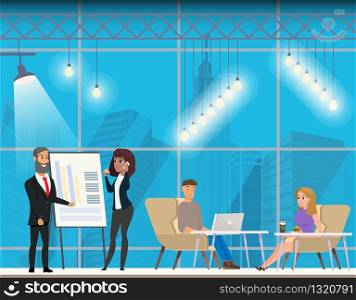 Couple near Flip Board. Freelancer on Coworking. Male Character Making Presentation in Creative Modern Open Space. Man and Woman Talking and Working at Computer. Flat Cartoon Vector Illustration. Couple near Flip Board. Freelancer on Coworking