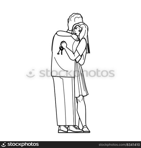 couple new home line pencil drawing vector. happy house, together new, woman female, apartment male, young love man, mortgage family, estate moving couple new home character. people Illustration. couple new home vector