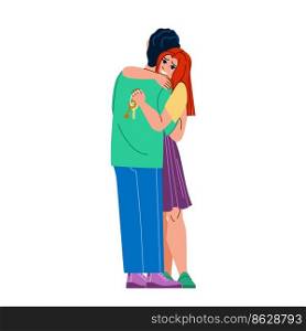 couple new home vector. happy house, together new, woman female, apartment male, young love man, mortgage family, estate moving couple new home character. people flat cartoon illustration. couple new home vector