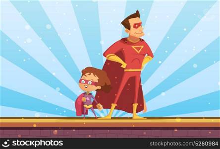 Couple Of Adult And Child Cartoon Superheroes. Couple of adult and child cartoon superheroes in red cloaks standing proudly at sunlight background flat vector illustration