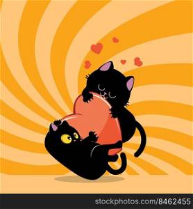 Couple of black cat playing with a red heart illustration.