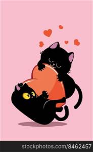 Couple of black cat playing with a red heart illustration.