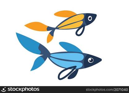 Couple of cartoon fish. Marine swimming animals pair for kids illustration. Underwater coral reef tropical fauna. Ocean water nature. Isolated yellow and blue aquarium exotic creatures. Vector carps. Couple of cartoon fish. Marine swimming animals pair for kids illustration. Underwater coral reef tropical fauna. Ocean nature. Yellow and blue aquarium exotic creatures. Vector carps
