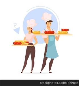 Couple of cheesemakers flat color vector illustration. Cheese production. Cheesemaking. Food industry. Man and woman with trays. Dairy product. Isolated cartoon character on white background