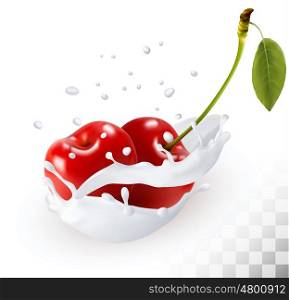 Couple of cherries in a milk splash on a transparent background. Vector.