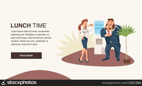 Couple of Coworker Eat Pizza at Office Lunch Break. Colleague with Junkfood near Water Cooler. Happy Woman Stand, Bite Slice. Man in Suit Smell Food. Cartoon Flat Vector Illustration. Couple of Coworker Eat Pizza at Office Lunch Break