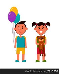 Couple of cute children, color vector illustration isolated on white backdrop, boy with three balloons, girl with pretty brown cat, colorful clothes. Couple of Cute Children, Color Vector Illustration