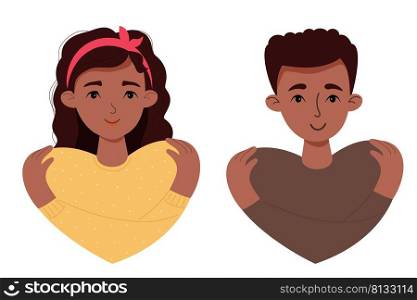 couple of cute dark-skinned people. Ethnic girl and guy Hugging themselves by shoulders. Concept Take care of yourself, love yourself. Vector illustration. Cute character for concept design