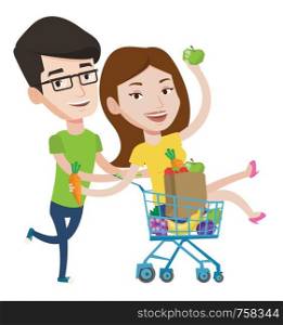Couple of friends having fun while riding in shopping trolley. Happy man pushing a shopping trolley with his girlfriend and healthy food. Vector flat design illustration isolated on white background.. Couple of friends riding in shopping trolley.