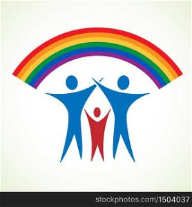 Couple of gay and adopted child under a lgbt rainbow. Homosexual family. Logo design template, vector illustration