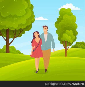 Couple of happy girl and guy walking in park or countryside, people walk at nature hugging each other, woman and man spend leisure time together, outdoors activity, summer view with green hills. Couple of happy girl and guy walking in park or countryside people walk at nature hugging each other