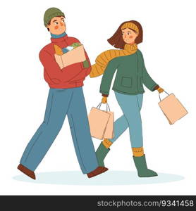 Couple of happy man and woman walking together with shopping bags. Couple of happy man and woman with shopping bags