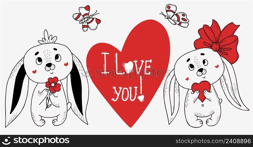 Couple of lovers Cute rabbits. Girl hare with bow and heart and hare boy with flower. Big heart with text I love you. Vector illustration. Funny animal for design and decoration, Valentines day card