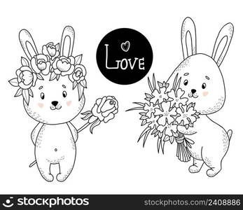 Couple of lovers Cute rabbits. girl with floral wreath and rose and hare boy with bouquet of flowers. Vector illustration in style of hand drawn linear doodles. Funny animal for design and decoration