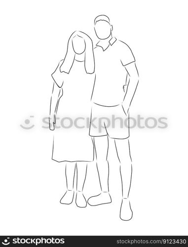 Couple of lovers, vector. Hand drawn sketch. A man and a woman stand side by side.