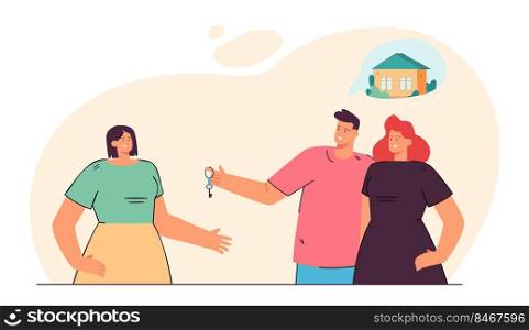 Couple of married people holding key to new house. Man and woman dreaming of property flat vector illustration. Buying home, ownership, mortgage concept for banner, website design or landing web page. Couple of married people holding key to new house