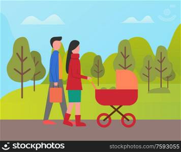 Couple of newlywed walking in park vector, man and woman strolling with perambulator. Mother and father in forest with pram, newborn child sleeping. Family Day, Father and Mother with Perambulator