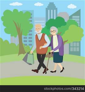 Couple of old people,grandmother and grandfather walking in park,vector illustration