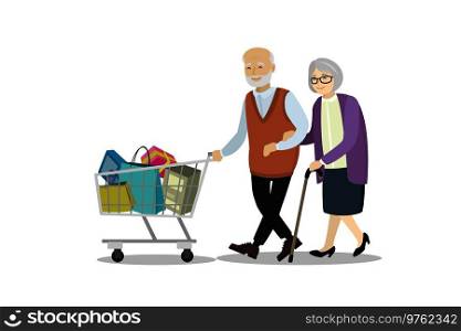 Couple of older people with shopping trolley. Grandmother and grandfather isolated on white background.Cartoon Vector illustration . Couple of older people with shopping trolley. 