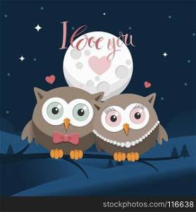 Couple of owls in love at night with message