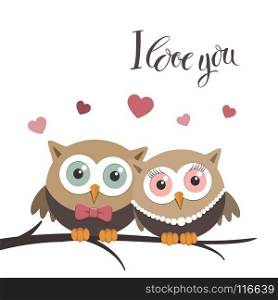 Couple of owls in love on a white background and message