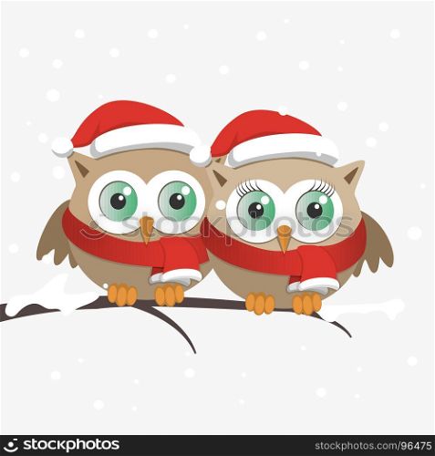 Couple of owls with Santa Claus hat on a branch