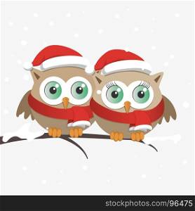 Couple of owls with Santa Claus hat on a branch