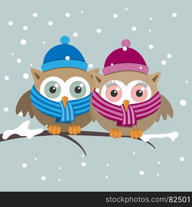 Couple of owls with scarf on a winter day