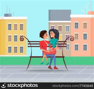Couple of people on a date outdoors sitting on a bench. Girl on a guy s knees in the park. Romance of young cartoon characters. A woman looks in love with a man. People in relationship are hugging. Couple of people on a date outdoors sitting on a bench. Girl on a guy s knees in the park