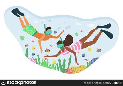 Couple of people wearing bathing suits and swimming goggles snorkeling in turquoise water. Underwater life, coral reef with fish and water plants vector. Couple of People Snorkeling, Underwater Swimming