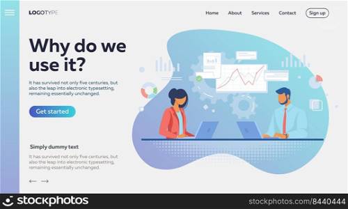 Couple of professionals analyzing graphs. Business people using laptops flat vector illustration. Business, analysis, marketing concept for banner, website design or landing web page