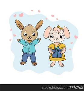 Couple of rabbits. Birthday gift. Joyful rabbit. Cartoon bunnies illustration. Symbol of the 2023. Chinese New Year animal sign.