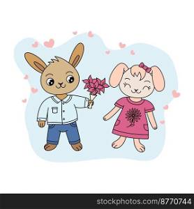 Couple of rabbits. Bouquet of the flowers. Cartoon bunnies illustration. Animal characters. Cute rabbit love.