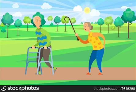 Couple of senior disabled people walk along green trees in park vector, old grandmother in yellow sweater with grandfather on crutches stroll together. Old Pensioners Walking Outdoors, Rest in Park