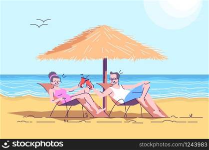 Couple of seniors on beach flat doodle illustration. Pensioners on loungers having drinks at seaside. Summer vacation. Indonesia tourism 2D cartoon character with outline for commercial use