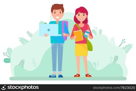Couple of students with textbook, laptop and cup of coffee walking in park together. Two smiling and cheerful young people spending time outside vector. Students with Laptop and Books Walking Outside