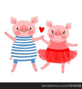 Couple of sweet piglets. Character design pig in ballet skirt and a hog in the vest. Vector illustration.. Couple of sweet piglets. Character design pig in ballet skirt and a hog in the vest. Vector illustration