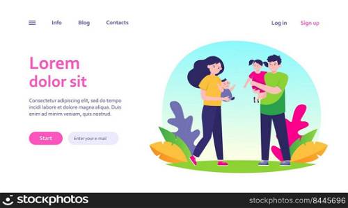 Couple of tired parents. Sad mom and dad holding little children in arms flat vector illustration. Parenthood problems, stress concept for banner, website design or landing web page