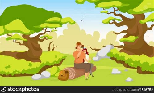 Couple of tourist flat vector illustration. Woman and man sitting on log in forest. Hikers observing nature. Trekkers on rest in woods. Watching wildlife. Backpackers cartoon characters