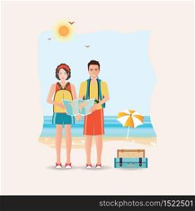Couple of tourist together on a trip World Travel, Planning summer holiday vacations, Flat design vector illustration.
