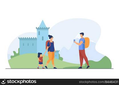 Couple of tourist with kid at landmark. People with backpacks taking pictures at castle flat vector illustration. Vacation, family travel concept for banner, website design or landing web page