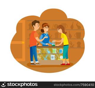 Couple of tourists buying souvenirs at shop vector. People standing inside store with cups and clocks, statue and handmade items. Flat style drawing. People at Souvenir Shop Buying Toy Interior Bazaar
