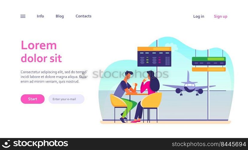 Couple of tourists drinking coffee in airport. Man and woman waiting boarding flat vector illustration. Travel, aviation concept for banner, website design or landing web page