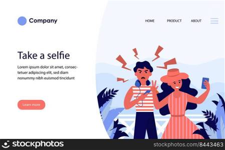 Couple of tourists taking selfie on vacation. Annoyed angry man, happy woman flat vector illustration. Communication, relationship, conflict concept for banner, website design or landing web page