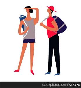 Couple of tourists with backpacks traveling together, backpacks on trip vector. People spending time, active lifestyle of man and woman, rucksacks on shoulders of male and female. Summer hobby. Couple of tourists with backpacks traveling together, backpackers on trip