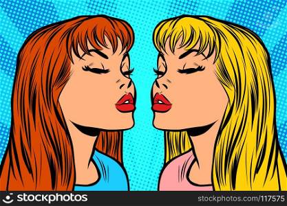 couple of women kiss. Pop art retro vector illustration kitsch vintage drawing. couple of women kiss