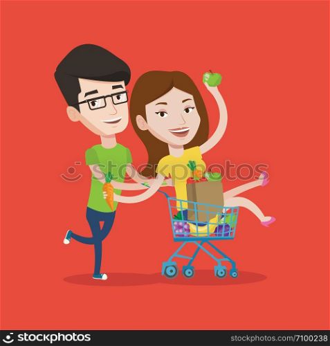 Couple of young carefree friends having fun while riding by shopping trolley. Happy man pushing a shopping cart with his girlfriend and healthy food. Vector flat design illustration. Square layout.. Couple of friends riding by shopping trolley.